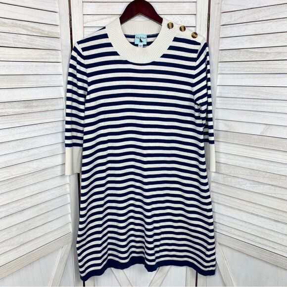 Haley and the Hound Striped Sweater Dress Crew Neck Knit Shift Blue White Medium - Picture 7 of 13